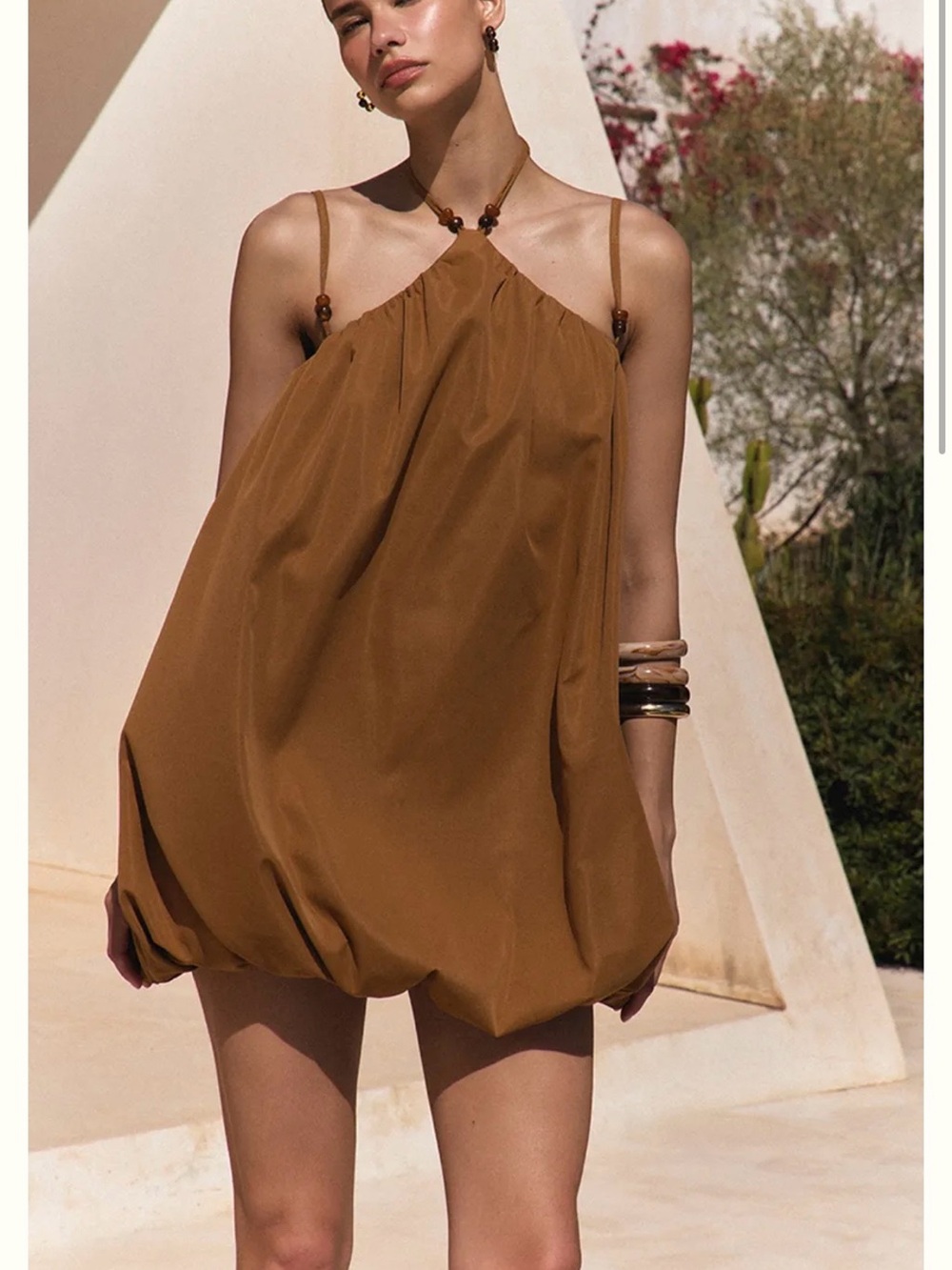 Brown Halter Bubble Mini Dress